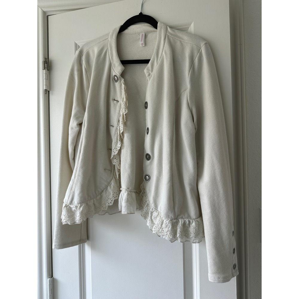 Xhilaration Cream Eyelet Lace Ruffle French Terry Button Front Jacket XXL Womens - Picture 2 of 6